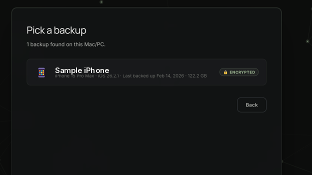 truth spores backup picker — selecting an encrypted iPhone backup